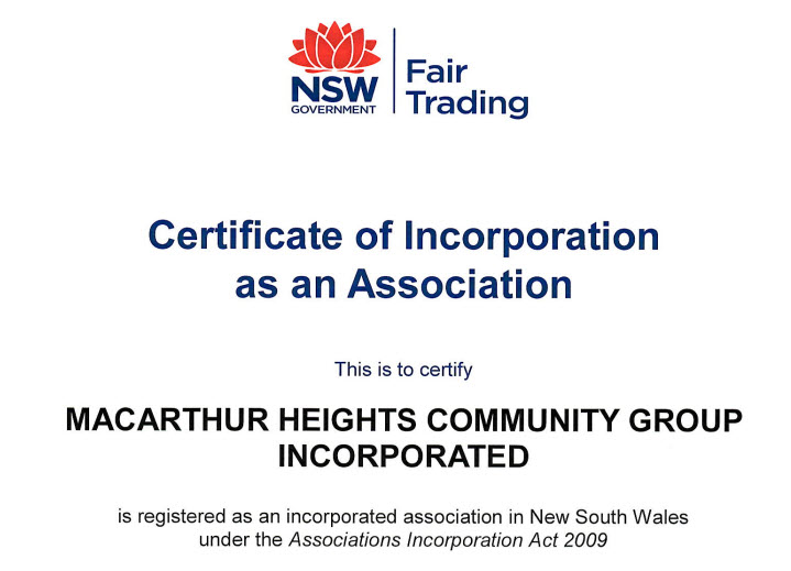 Certificate of Incorporation as an association (MHCG)